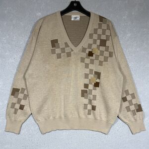 GABICCI Sweater Mens Size XL Tan V-Neck Wool Blend Italian Striped Logo